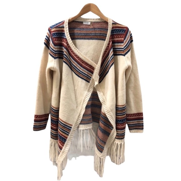 TOBI Annie Fringe Cardigan Drape Front Sweater Ivory Stripe Size M/L LV6291 - Picture 3 of 8